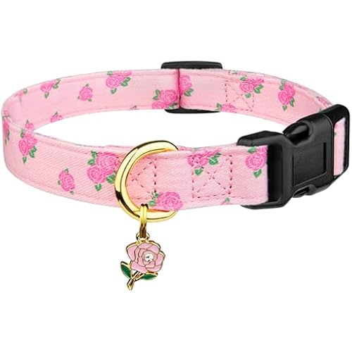Cotton Dog Collar Pink Rose with Pendant Cute Dog Collar S