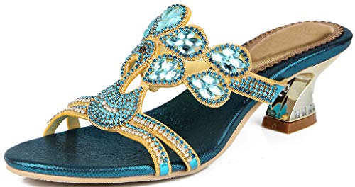 LizFoYa Women Rhinestone Decorated Slip On Heeled Sandal Flower Cutout Low Heels