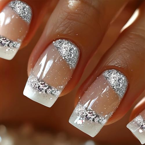 Nymora Press On Nails, Ongles Artificiels Autocollants, French Tips Argentés, Set de 24 Faux Ongles Fashion, Réutilisables & Parfaits Pour Femmes & Filles