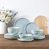 LERATIO Ceramic Dinnerware Sets for 6,Porcelain Plates and Bowls Sets with Wavy Edge,Microwave & Dishwasher & Oven Safe,Light Weight & Scratch Resistant Dishes Sets-Light Blue(18pcs)
