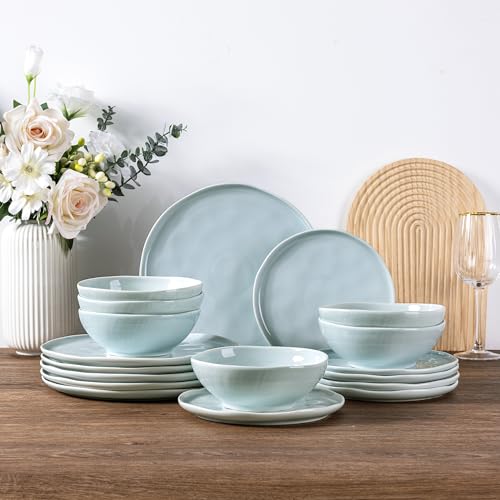 Image of LERATIO Ceramic Dinnerware Sets for 6,Porcelain Plates and Bowls Sets with Wavy Edge,Microwave & Dishwasher & Oven Safe,Light Weight & Scratch Resistant Dishes Sets-Light Blue(18pcs)