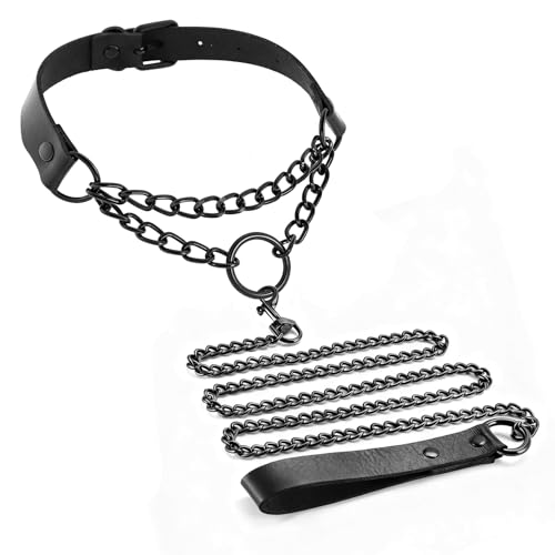 Aufordebatis Black Gothic Leash and Collar Set Leather Chain Necklace Punk Rock Body Chain Belt Fashion Jewelry for Halloween Neck: 11-15 Inches