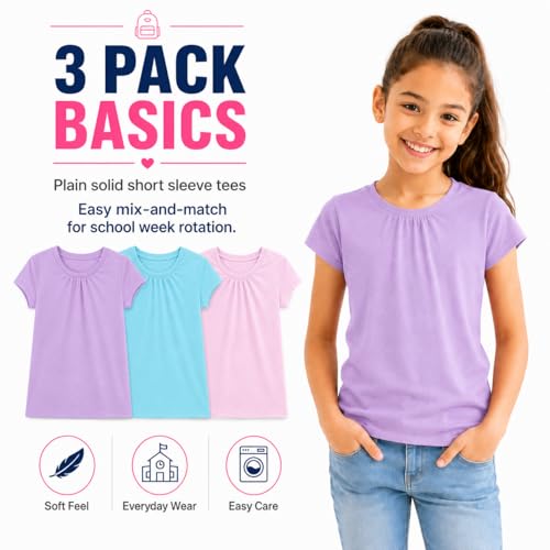 Image of Bienzoe Plain Solid Girls T-Shirts: School Basic Tee 3-Pack | Short Sleeve, Ages 4-13, PE, Recess, Outdoor Play, Soft Cotton Blend, Breathable Quick-Dry, Easy Care, Easy to Mix and Match