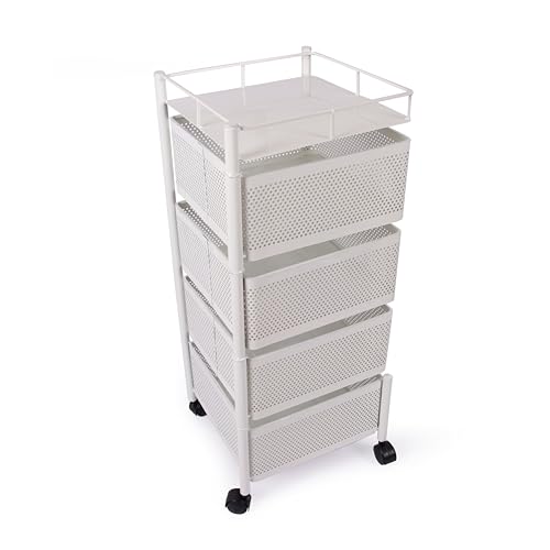 Image of KITCHIVO Kitchen Storage Rack | Revolving Vegetable Rack | Square Multipurpose Storage Trolley with Wheels | Metal Fruit Rack (White, 4 Layer)
