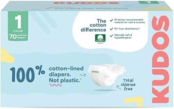 Kudos Chlorine Free Premium Diapers, 100% Cotton-Lined - Ultra Soft, Size 1-70 Count