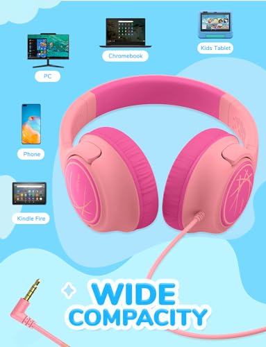 Image of iClever Kids Headphones with Cord, 85dBA Safe Volume Wired Headphones for Kids, Stereo Sound Foldable Adjustable, 3.5mm Jack, Over Ear Kid Headphone for School /Boys /Girls /iPad /Tablet /Travel, Pink2