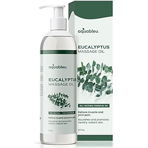 Aquableu Eucalyptus Massage Oil 100% Pure & All-Natural - Natural at-Home Massage Therapy, Soothes Skin & Muscles - Full Body Relaxing Massage Oil for Men and Women 12 fl oz Cover