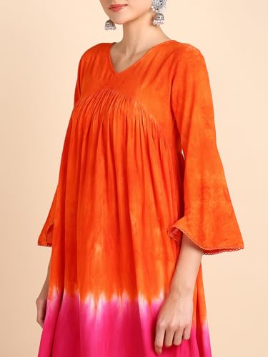 Image of Maaesa Women Handcrafted Tie-Dye Rayon A-Line Dress | Casual Wear & Office Wear | 3 /4 Sleeve | V-Neck | Lightweight & Breathable Fabric