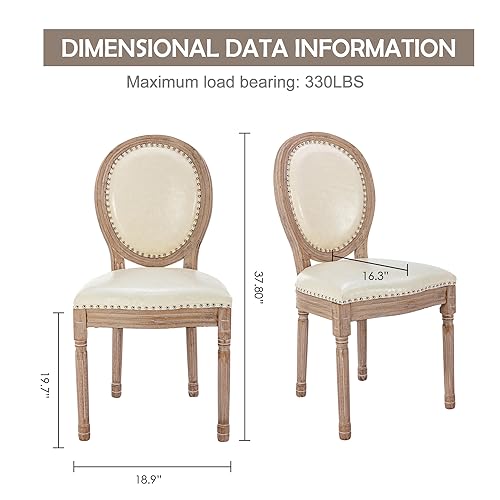Image of Virabit French Country Dining Chairs Set of 2, Leather Dining Chairs with Curved Backrest, Vintage French Accent Chairs for Living Room, Kitchen, Restaurant (Beige)