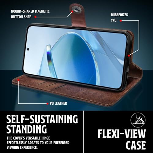 Image of WOW IMAGINE Shock Proof Flip Cover Back Case for Mi Redmi 12 5G | Redmi 12 4G | Poco M6 Pro 5G (Magnetic Button Flip Case | Wallet Pockets & Stand | Leather Finish | Coffee)