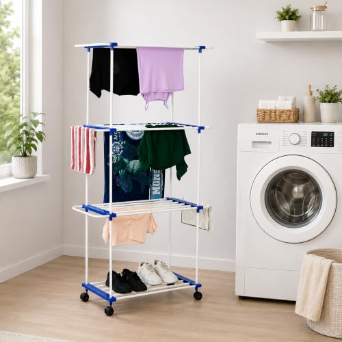 Image of FLIPZON Premium 3 Tier Flexri Cloth Drying Stand with Wheels | Alloy Steel Laundry Rack for Indoor & Outdoor Use | Heavy Duty Multi Layer Stand for Family Laundry (Blue & White)