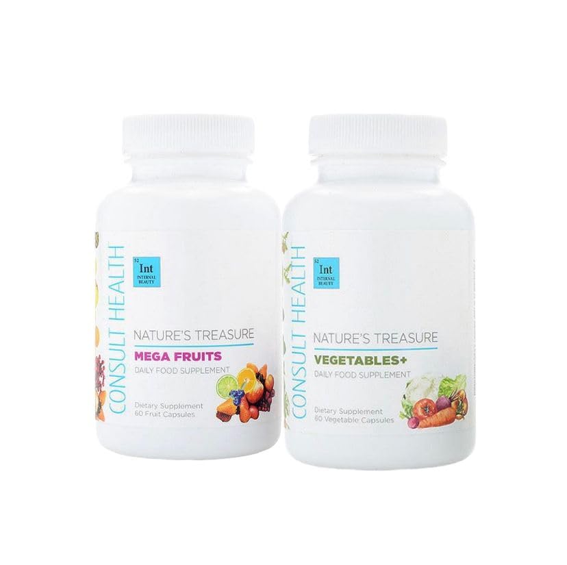Consult Health Nature's Treasure - 60 Mega Fruit and 60 Veggie Capsules -100% Whole Natural Green and Red Superfood Plant Based Nutrition - Supports Energy Levels - Grown and Made in the USA - (2Pack)