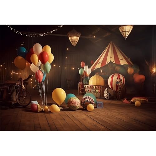 YongFoto 3x2m Sfondo fotografico Circo Colorato Palloncino Retro Tenda rossa Casa in legno Fotografia Sfondo Circo Decorazione Festa Carnevale Decorazione giostra Bambini Tessuto da fotografico