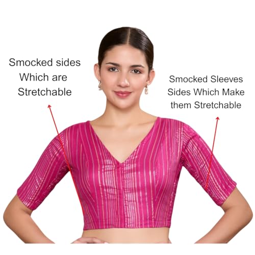 Image of Studio Shringaar Women Cotton Handloom Striped Readymade Elbow Length Sleeve Saree Blouse with Stretchable Sides