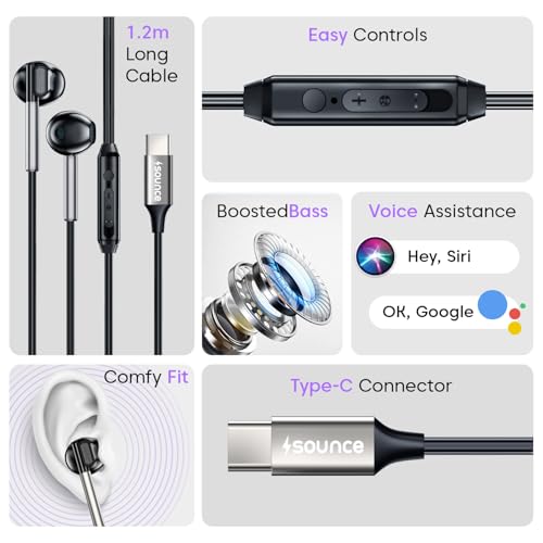 Image of Sounce HyperC Type-C Wired Earphones with Enhanced 14.2mm Dynamic Driver Deep Bass HD Microphone Ergonomic Earbuds Design TPE Anti-Tangle Cable Smart In-Line Controls for Music Calls Gaming Pro(Black)