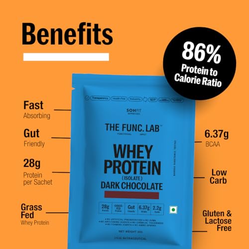 Image of The Func. Lab Whey Protein Isolate - Dark Chocolate Travel Packs | (4 * 35g Sachets) Pack of 2 | Grass‑Fed, 28g Protein per Sachet | High Protein Supplement with Digestive Enzymes for better Absorption
