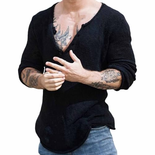 Men's Sweater Casual Loose Solid Color V-Neck Knitted Long-Sleeved Pullover Fashionable Old Retro Breathable top2