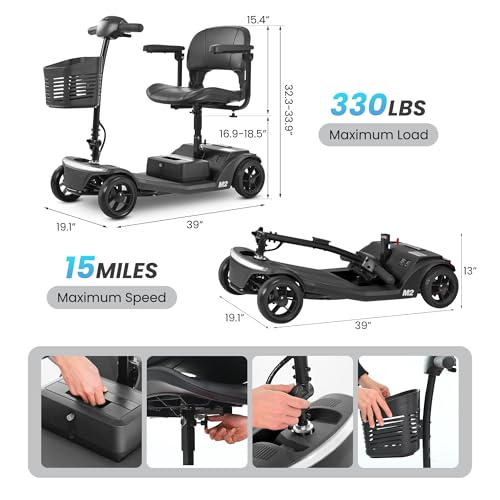 Image of Mobility Scooter for Adults and Seniors M2 Black, 15-20 Miles Long Range Electric Scooter, 260W Motor, 330 LBS Capacity, LED Headlight, Electromagnetic Brake, USB Port, Adjustable Tiller