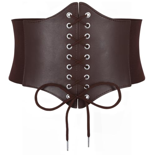XZQTIVE Coffee Corset Waist Belt for Women, Wide Elastic Tie Waspie Belt for Dresses 4.7inch
