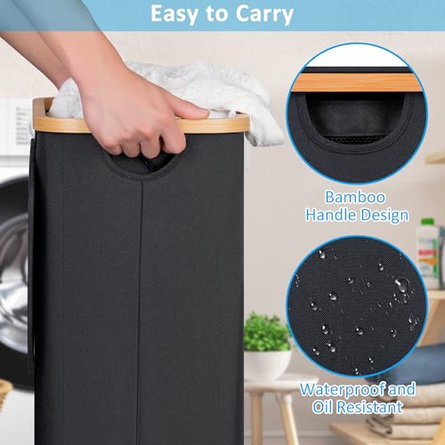 Image of efluky Slim Laundry Basket with Wheels, Narrow Rolling Laundry Hamper with Lid and Removable Bag, Aesthetic Dirty Clothes Hamper on Wheels for Laundry Room, Bedroom, Dorm and Bathroom, 75L Dark Black