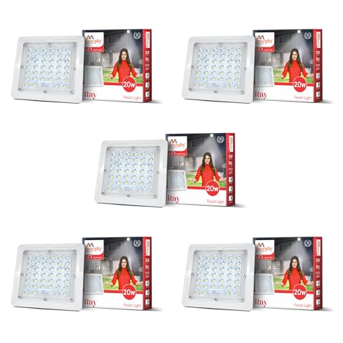 Image of Murphy Ray 20W LED Flood Light with 2-Year Warranty | Cool White | High Brightness Outdoor LED for Security, Landscape, Warehouse, Backyard | IP66 Waterproof | BIS Approved Pack of 5