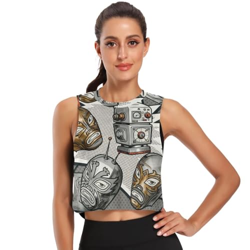 GuoChe Canotta corta estiva da donna, camicia sportiva da corsa fresca e asciutta S, Lucha Libre Robot Retro Comic Pattern, L