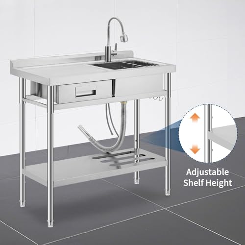 Image of Garvee Stainless Steel Utility Sink with Left Workbench & Drawer, Commercial Freestanding Sink with Faucet, Knife Rack, Storage Shelf & Adjustable Legs for Kitchen Garage Outdoor