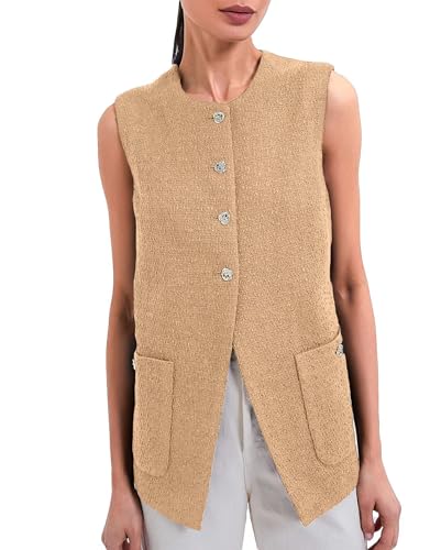 Women Sleeveless Blazer Vest Summer Button Down Round Neck Tweed Suit Vest Business Office Casual Work Waistcoat