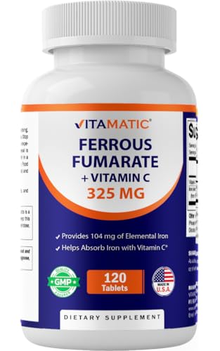 Vitamatic Ferrous Fumarate 325 mg + Vitamin C 100 mg (104 mg Elemental Iron) &ndash; High Potency Iron...