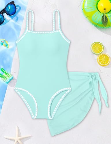 Image of WIQI Girls Swimsuit One Piece Bathing Suit Color Contrast Trim Girls' Swimwear with Cover Up Skirt Size 9-16
