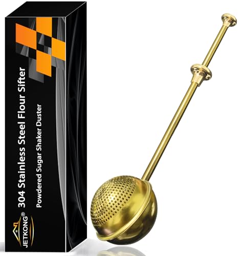 Image of JETKONG Large Flour Duster for Baking, One-Handed Operation Sugar Sifter, 304 Stainless Steel Dusting Wand, Flour Sprinkler for Bread Baking (Large, Gold)