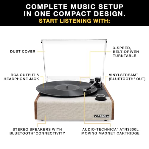 Image of Victrola Eastwood II - Bluetooth Record Player with Speakers - Walnut | Vintage wood record player, built-in speakers, 3-speed turntable, VINYLSTREAM Bluetooth out and in, Audio-Technica cartridge