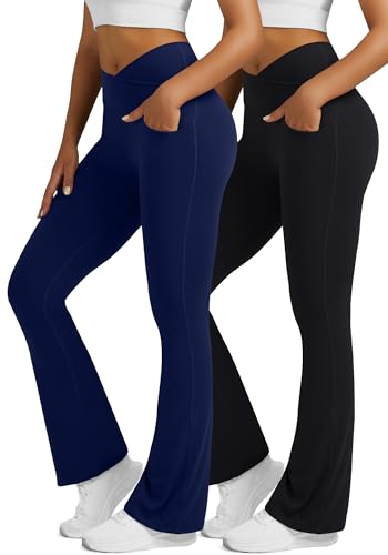 Image of Flare Leggings for Women with Pockets 2pack High Waisted Crossover Flare Leggings Bootcut Yoga Pants