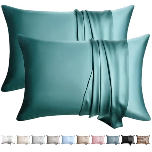 WLOSJ 100% Silk Pillow Cases 2 Pack Standard Size Mulberry Silk Pillowcase for Hair and Skin Set of 2 Highest Grade 6A Silk Soft Breathable Cooling with Hidden Zipper, Teal