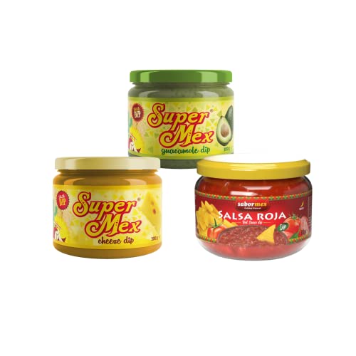 SABORMEX Pack Degustación Salsas Dip: Guacamole, Mexicana Roja y Cheddar con Jalapeño, 3 botes de 300 gr