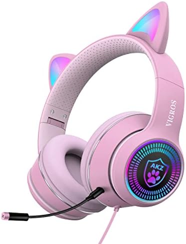 VIGROS Cat Ear Gaming Headphones Wired AUX 3.5mm with LED Light, Flashing Stereo Game Headphones Surround Sound Over-Ear Headsets with Microphone Fit Kids & Adult for PC, PS4, Switch, Mobile, Laptop