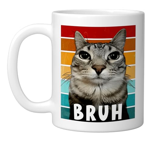 Funny Meme Saying Bruh With Cat Teens Boys Men Ceramic Mug, White