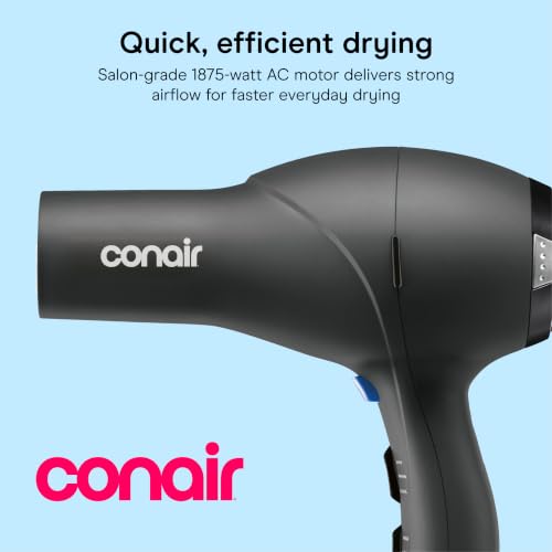 Image of Conair Salon Hair Dryer | 1875W AC Motor for All Hair Types, Includes Bonus Round Brush, Concentrator, Diffuser, Black with Bonus Brush, 259AMRY