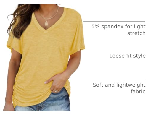 Image of WIHOLL Womens Summer T-Shirts Short Sleeve V Neck Dolman Tops with Side Shirring Loose Fit Shirts Spring Fashion