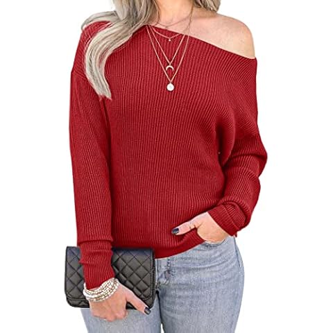 IWOLLENCE Off The Shoulder Sweaters for Women Waffle Knit Batwing Long Sleeve Loose Pullover Sweater, 14 Red, L Cover