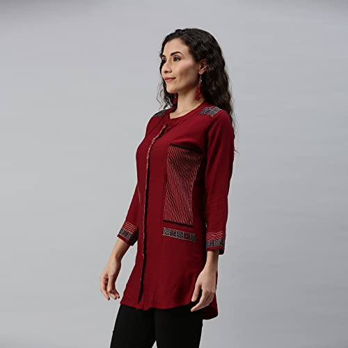 Image of SheWill Cotton Blend Stripe Print Embroidered A-Line Tunic