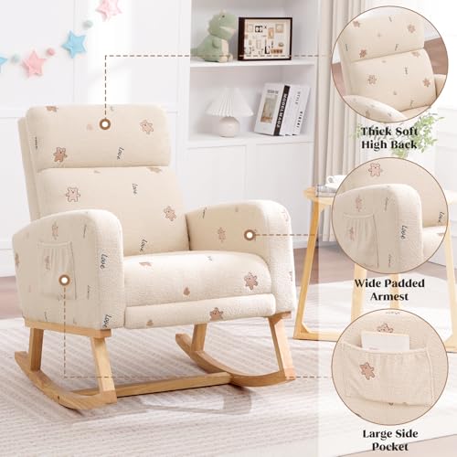 Image of HCHAIRH Rocking Chair Nursery, Nursing Rocking Chairs with Foot Rest for Mom Nursery, Teddy Glider Rocker Chair with Footrest and High Backrest for Living Room, Bedroom, Bear Printed Beige