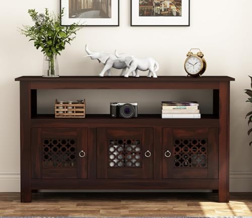 Image of SHIKHA WOOD CRAFT Solid Sheesham Wood Sideboard Cabinet with 3 Door and 1 Open Shelf | Multipurpose Wooden Storage Organizer Furniture for Bedroom, Kitchen, Home, Living Room and Office(Walnut Finish)