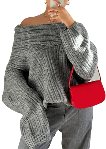 NRTHYE Women Off The Shoulder Sweater Top Long Sleeve Ribbed Knit Chunky Slouchy Asymmetrical Pullover Sweaters