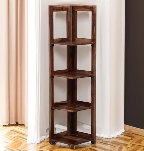 Image of Genuine Decor Sheesham Wood Corner Shelf Rack | 4-Tier Wooden Corner Stand for Living Room, Bedroom & Office | Multipurpose Corner Book Shelf Display Rack (Walnut Finish)