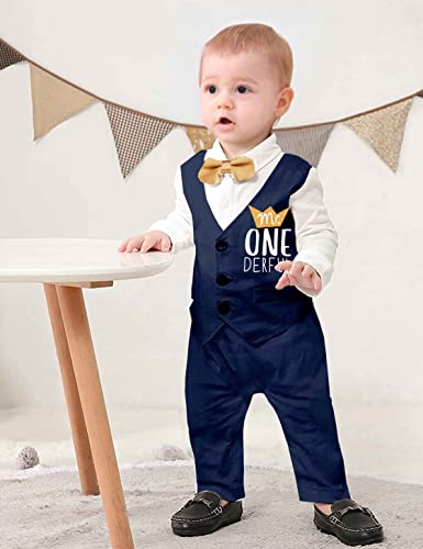 Queenstyle First Birthday Boy Outfit Mr One-derful Baby Boy Bowtie Romper + Pants Birthday Hat Gentleman Outfits 5Pcs2