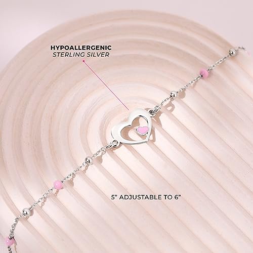 925 Sterling Silver Girl's Adjustable Pink Enamel Heart & Round Beads Bracelet - Fun & Fashionable Beaded Bracelet for Toddlers & Young Girls - Beautiful Small Heart Bracelets for Children4