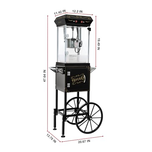 Image of Movie Theater Popcorn Maker Machine, Professional with 8oz Kettle & Cart Makes 32 Cups, Vintage Style on Wheels for Home & Commercial Use, Includes shovel & spoon, Black