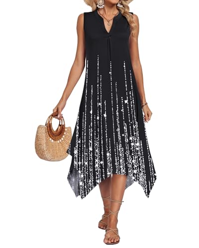 Image of AUSELILY Womens Summer Midi Dress V Neck Sleeveless Casual with Pockets | Flowy womens summer dress with asymmetrical hem, great for beach, vacation and daily wear