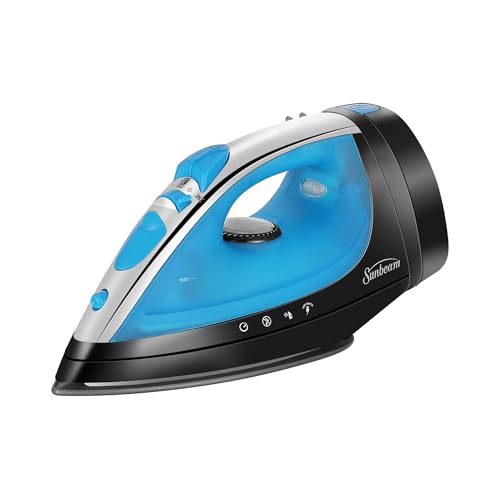 Sunbeam Steammaster Steam Iron, 1400 Watt, Large Anti-Drip Stainless Steel Nonstick Soleplate with 8' Retractable Cord, Horizontal or Vertical Shot of Steam and 3-Way Auto Shut-Off, Black/Blue